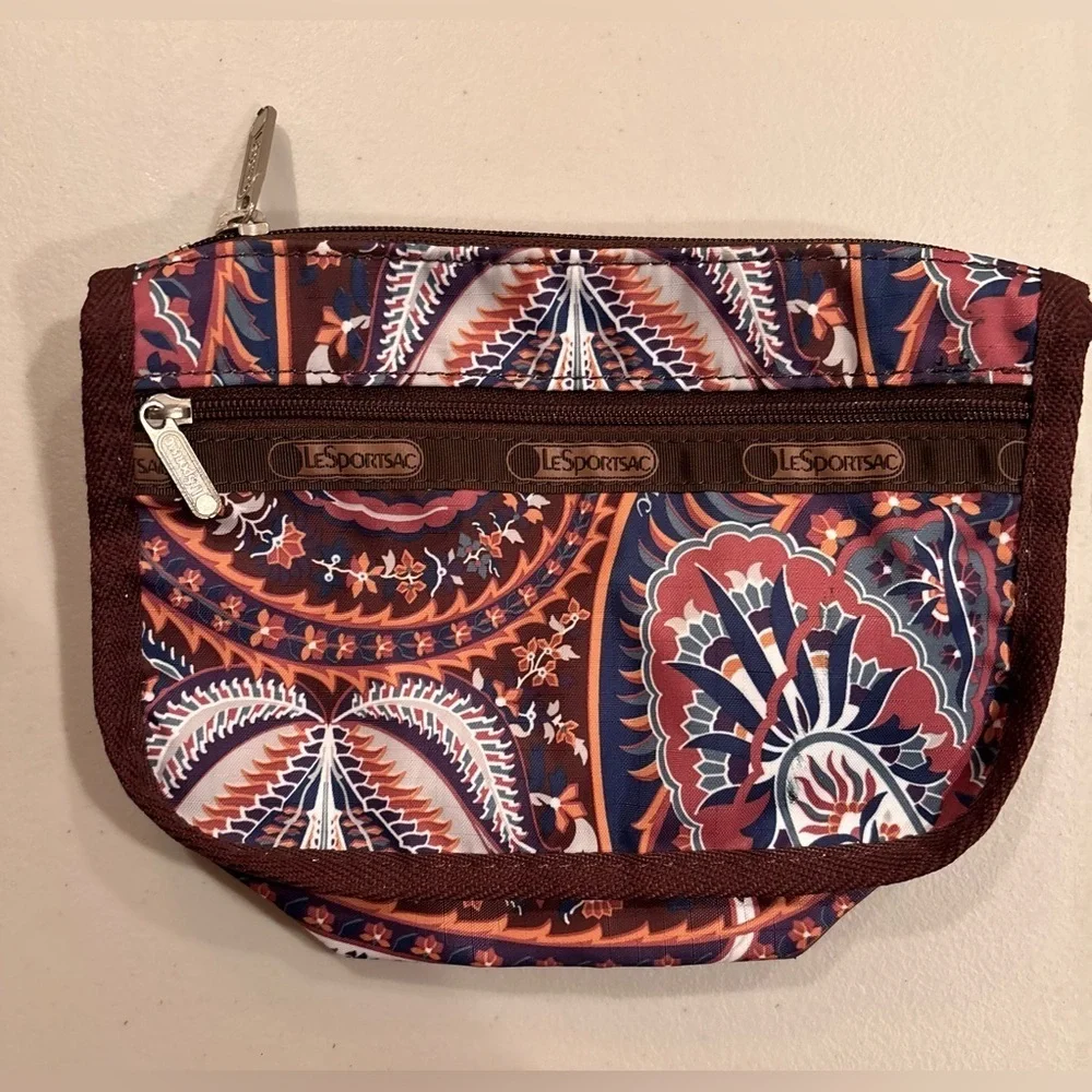 LeSportsac | Fantazmic Floral Brown paisley print zippered pouch, bag.